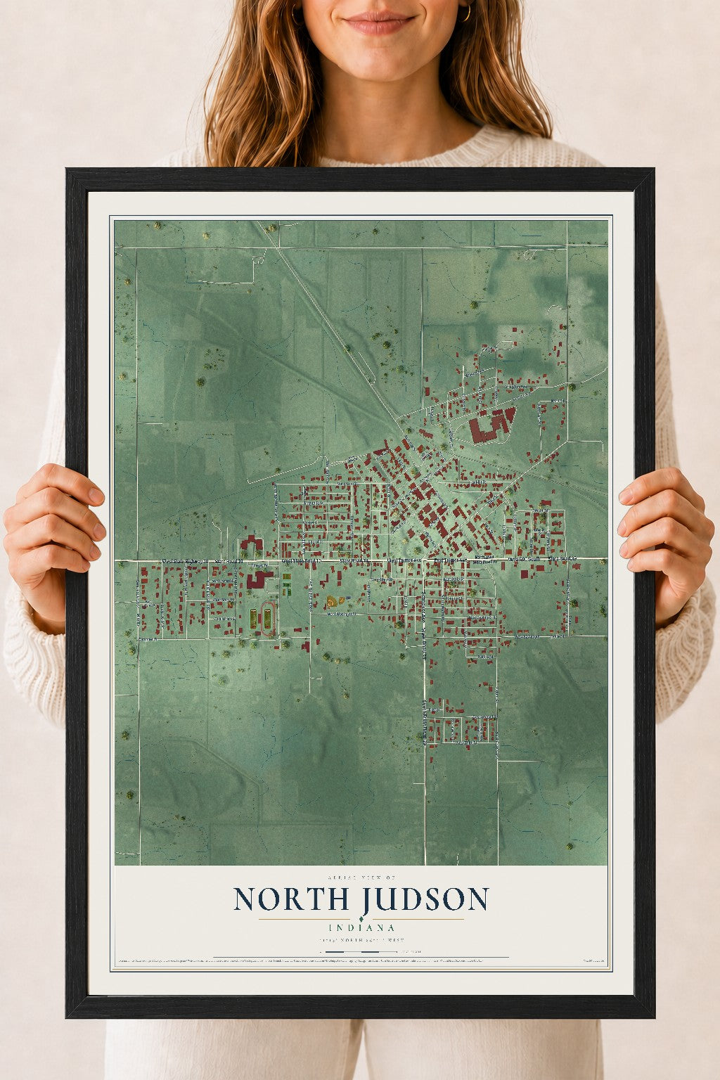 Map of North Judson, Indiana, 18 x 24 inch print in a black wood frame