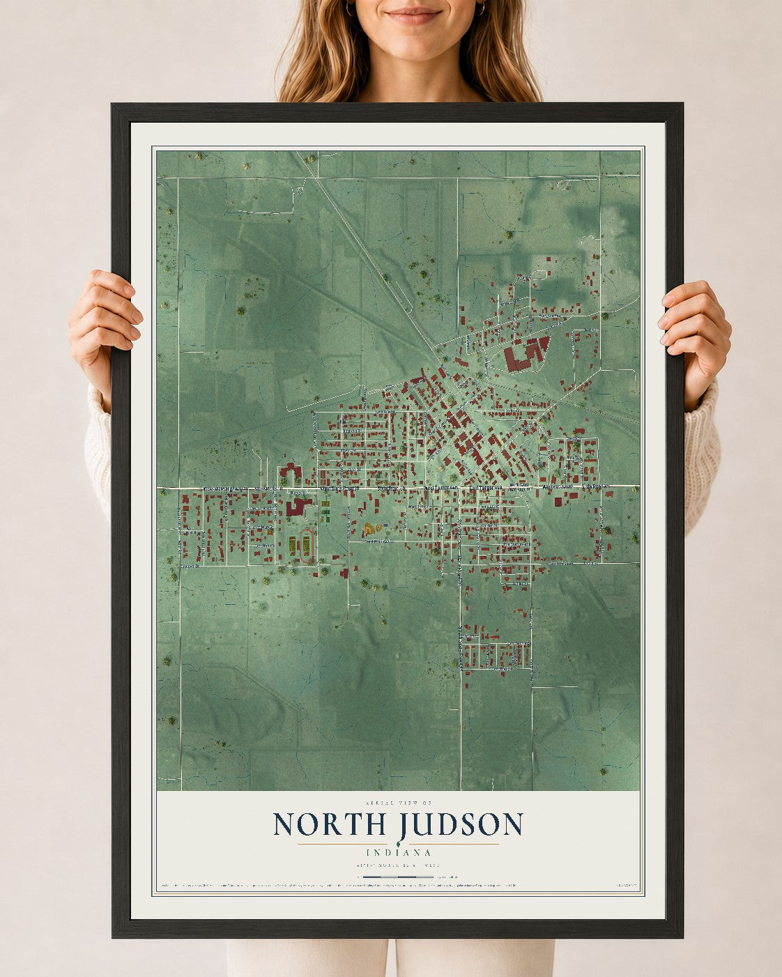 Map of North Judson, Indiana, 24 x 36 inch print in a black wood frame