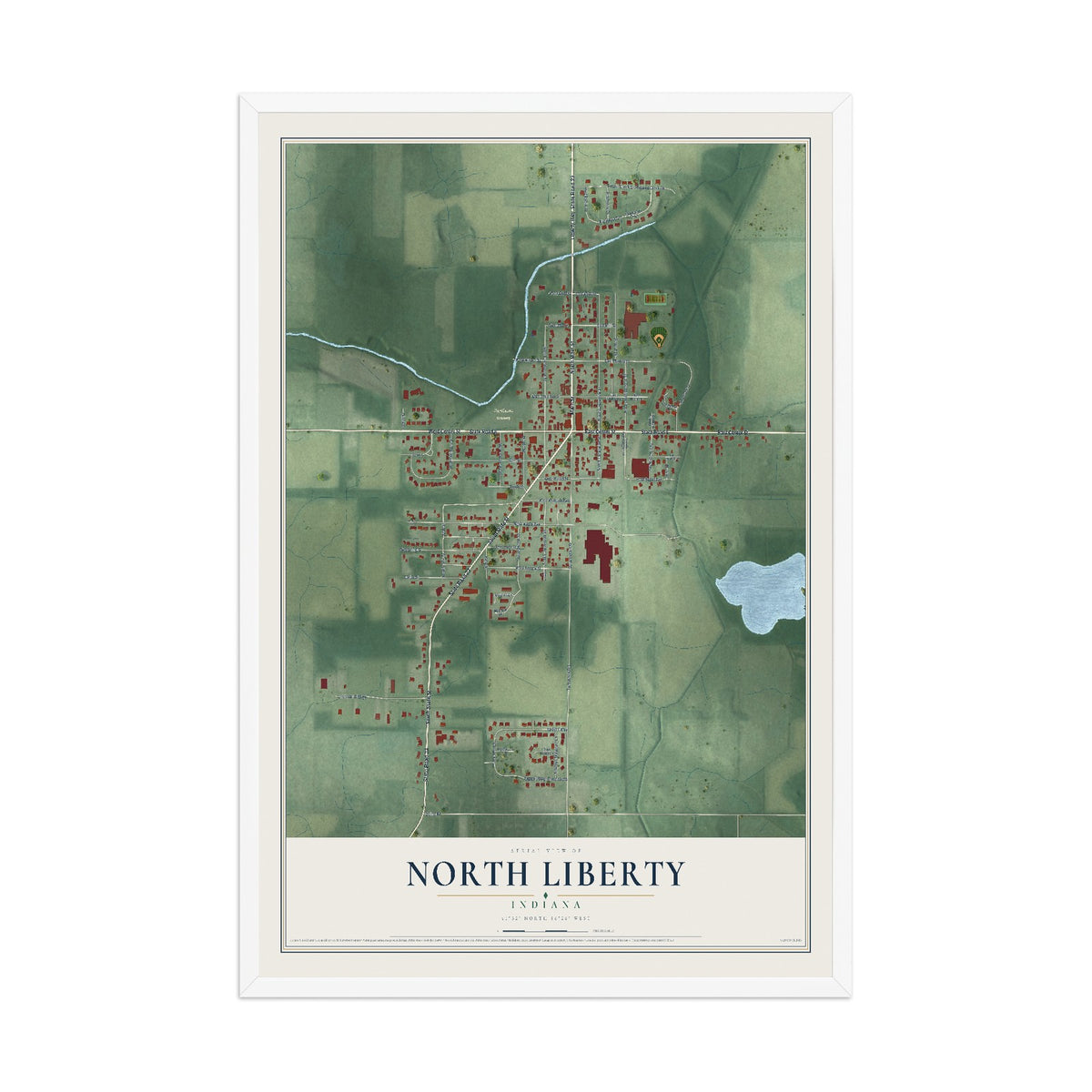 Map of North Liberty, Indiana, 12 x 18 inch print in a white wood frame