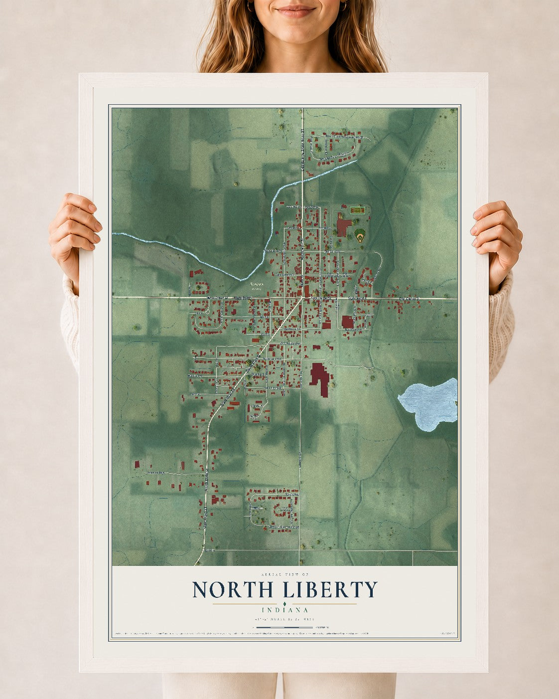 Map of North Liberty, Indiana, 24 x 36 inch print in a white wood frame