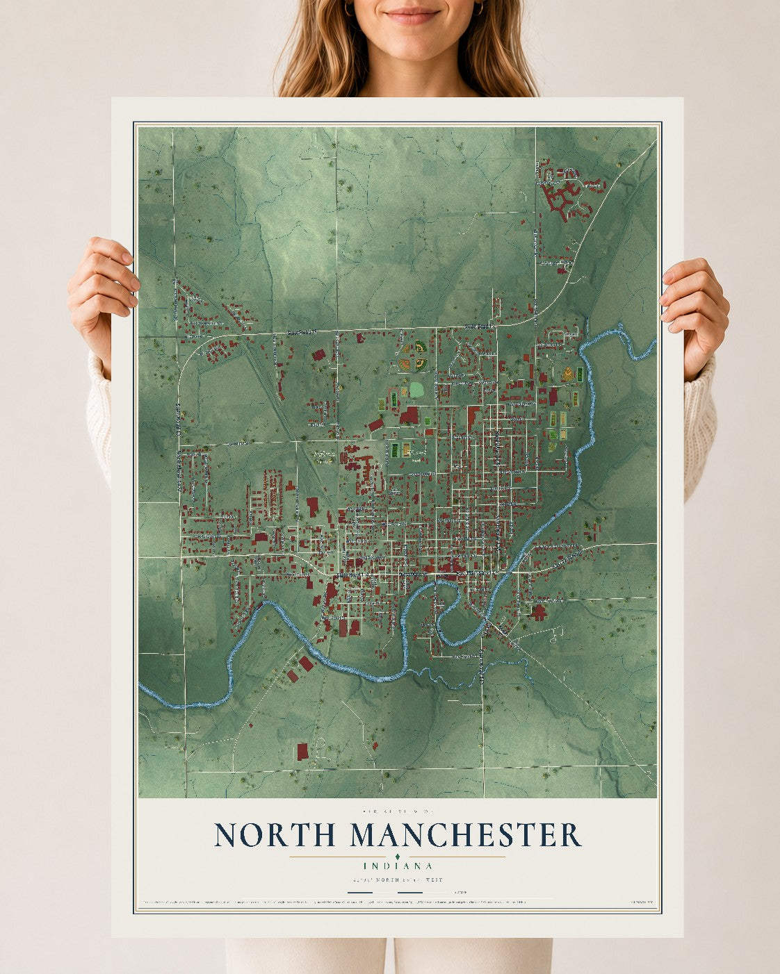 Map of North Manchester, Indiana, 24 x 36 inch unframed archival matte print