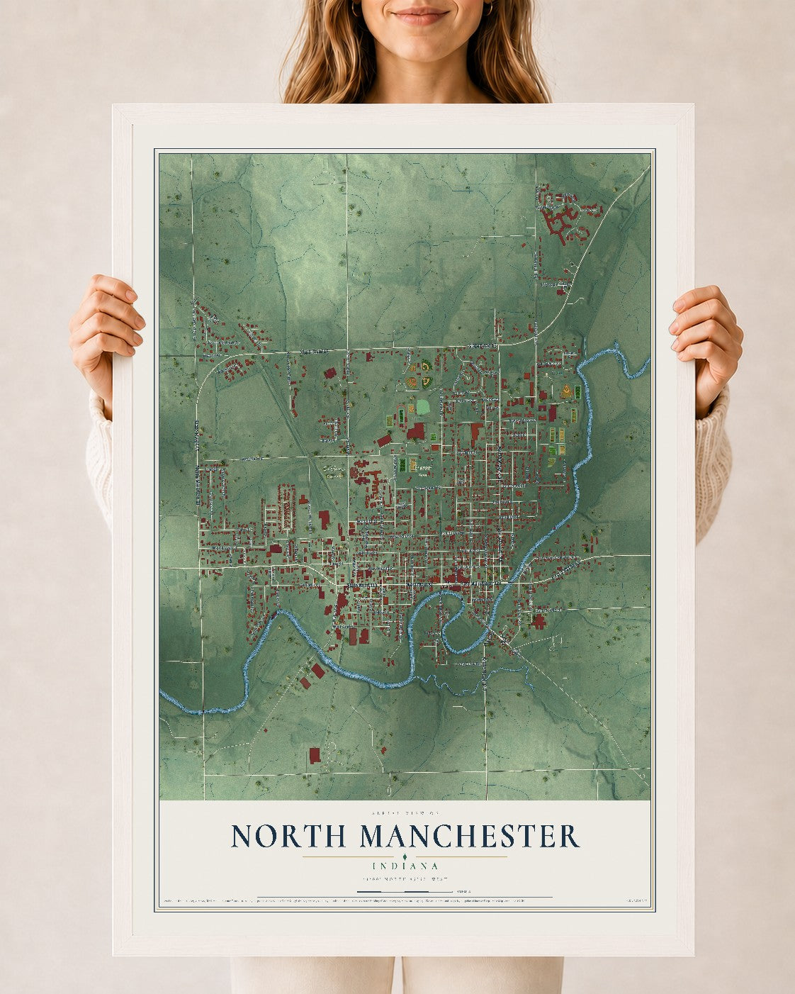 Map of North Manchester, Indiana, 24 x 36 inch print in a white wood frame