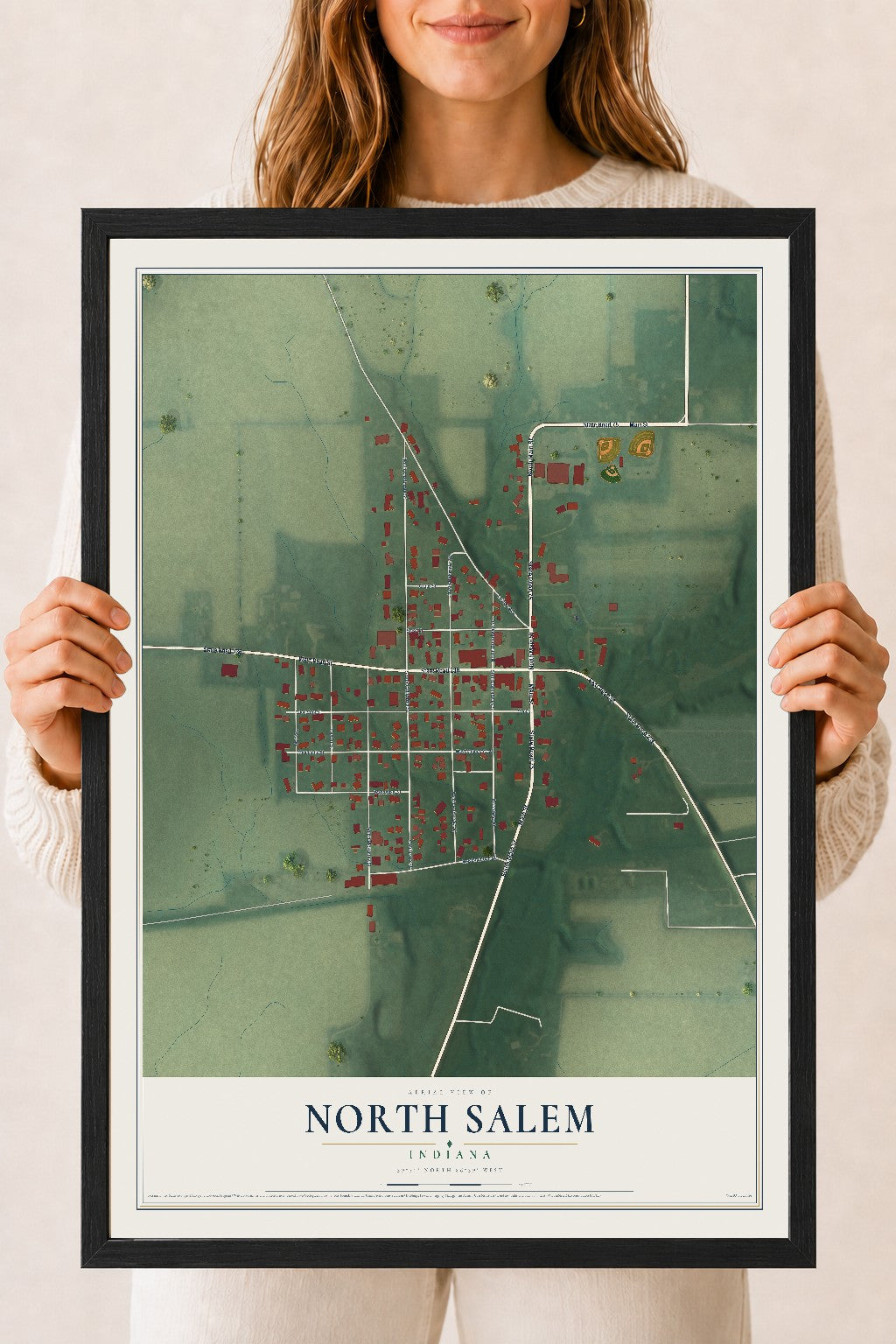 Map of North Salem, Indiana, 18 x 24 inch print in a black wood frame