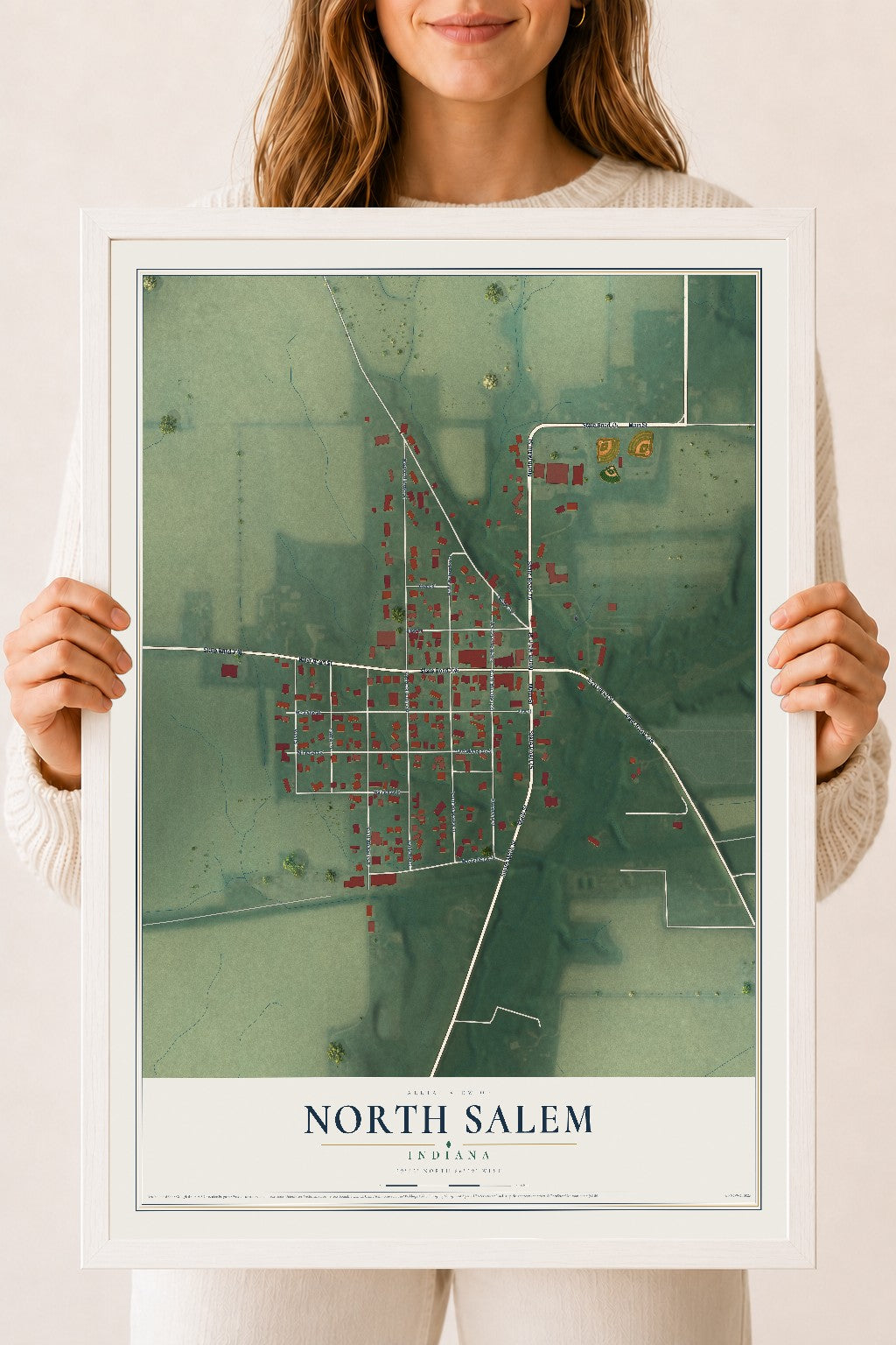 Map of North Salem, Indiana, 18 x 24 inch print in a white wood frame