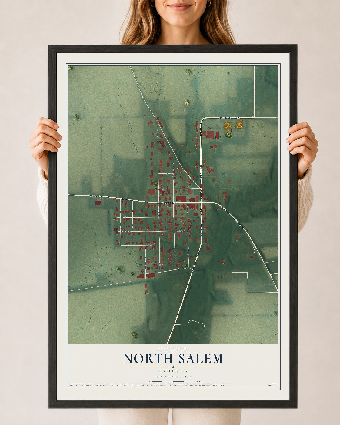 Map of North Salem, Indiana, 24 x 36 inch print in a black wood frame