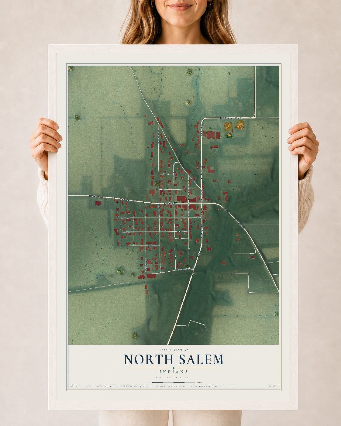Map of North Salem, Indiana, 24 x 36 inch print in a white wood frame