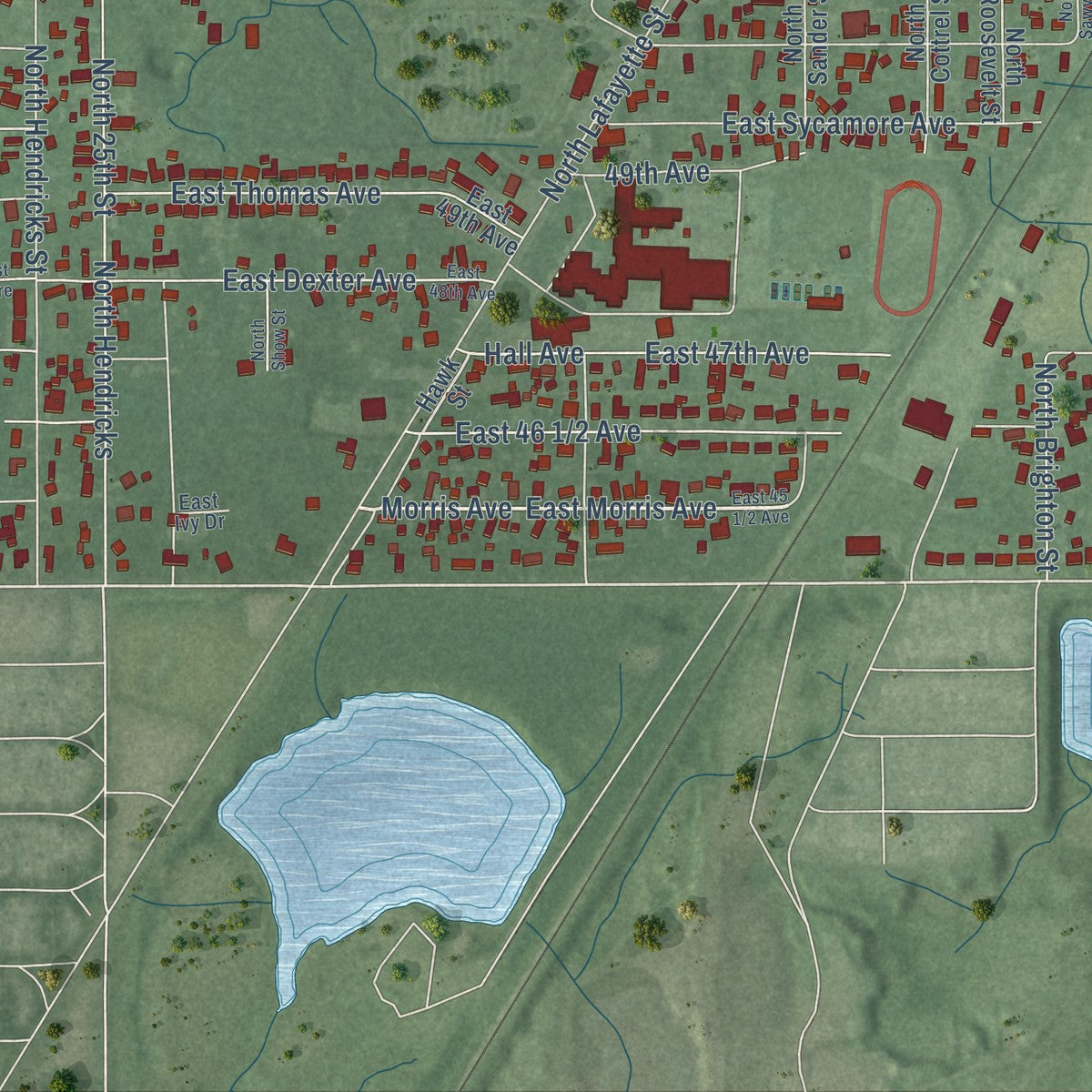 Close-up of the map of North Terre Haute, Indiana print showing street and building detail