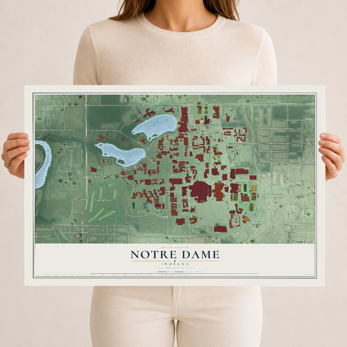 Map of Notre Dame, Indiana, 12 x 18 inch unframed archival matte print