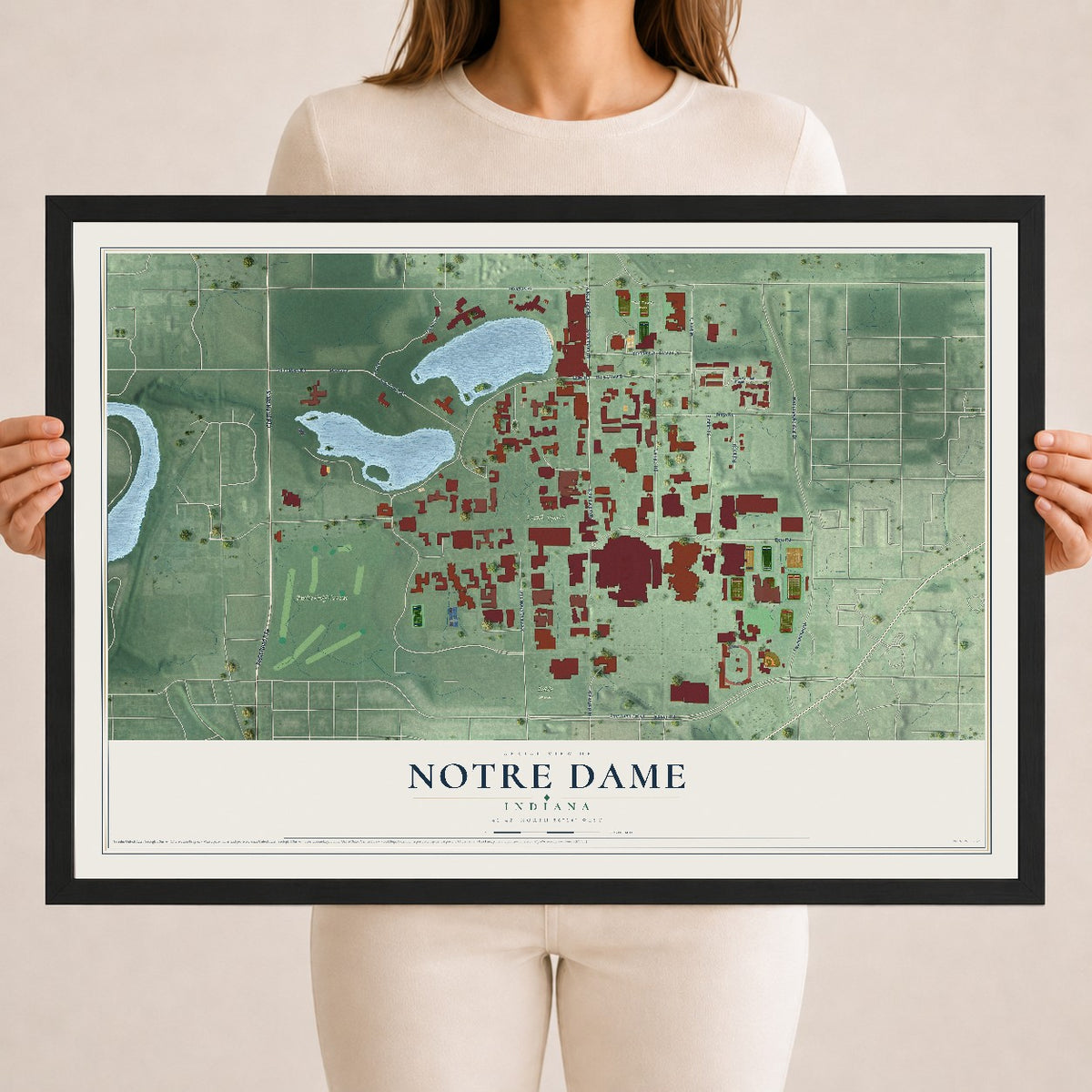 Map of Notre Dame, Indiana, 18 x 24 inch print in a black wood frame