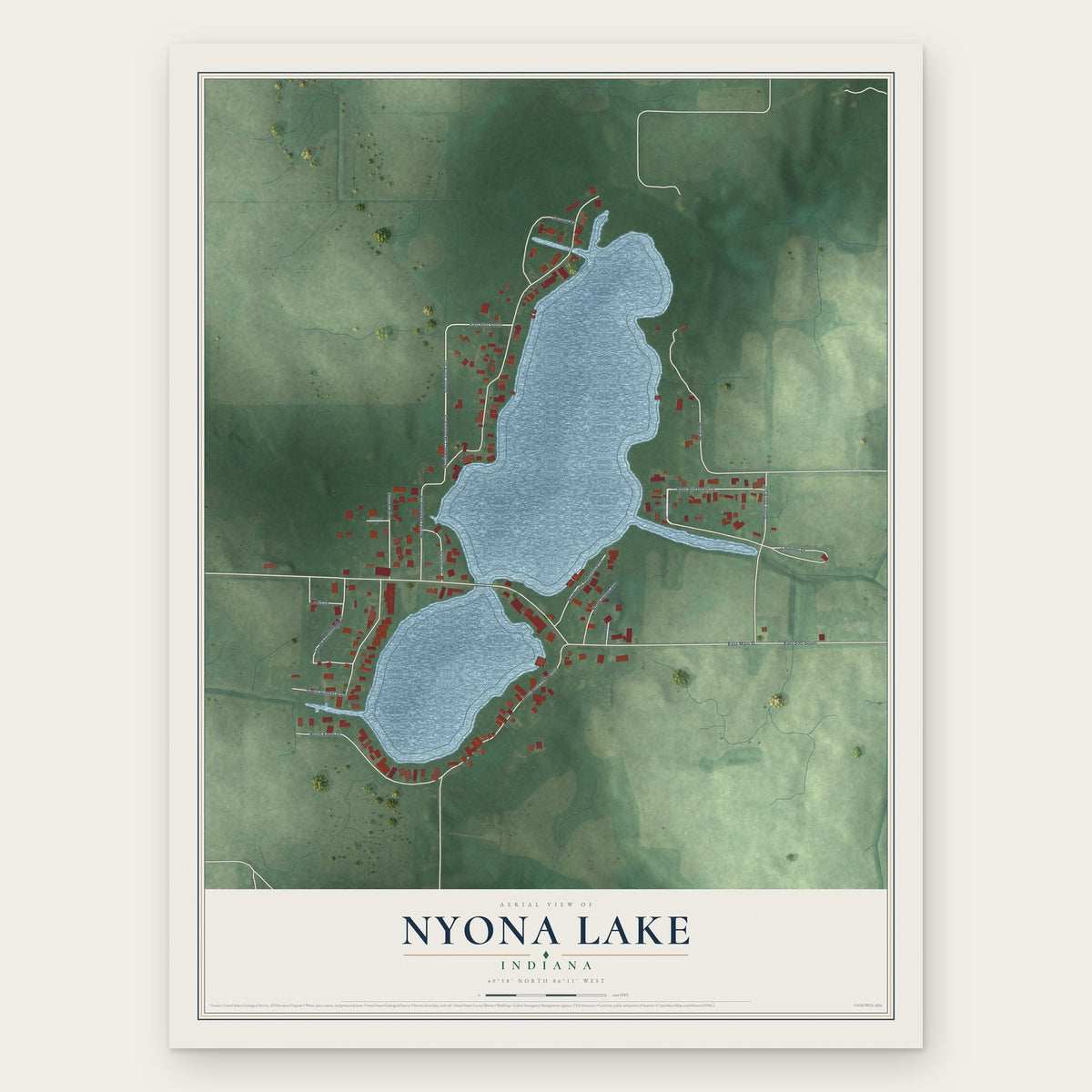 Nyona Lake, Indiana map print, the full design