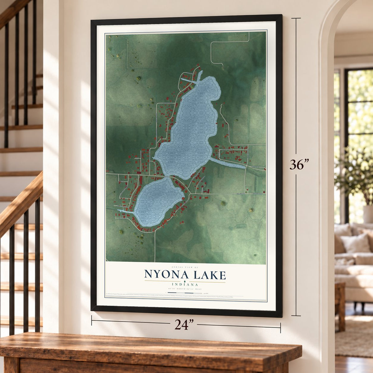 Nyona Lake, Indiana map, 24 x 36 inch print in a black frame by a staircase