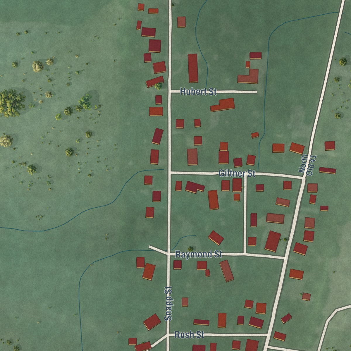 Second close-up of the map of Oaktown, Indiana print showing more streets and buildings