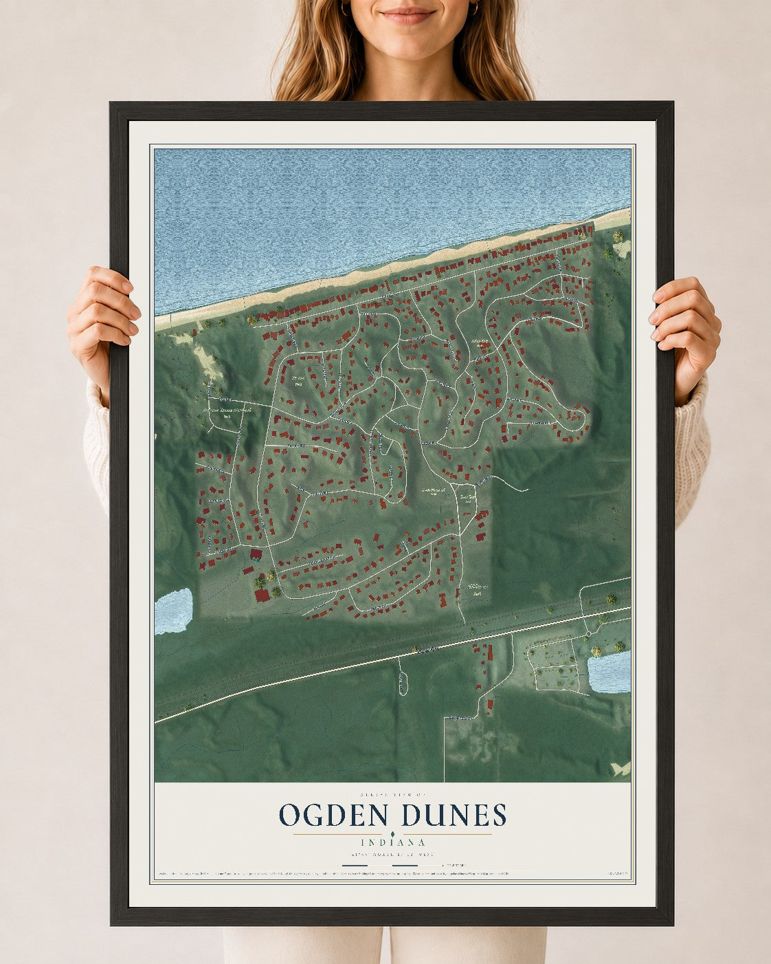 Map of Ogden Dunes, Indiana, 24 x 36 inch print in a black wood frame