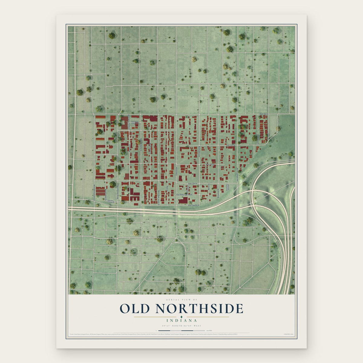 Old Northside, Indiana map print, the full design