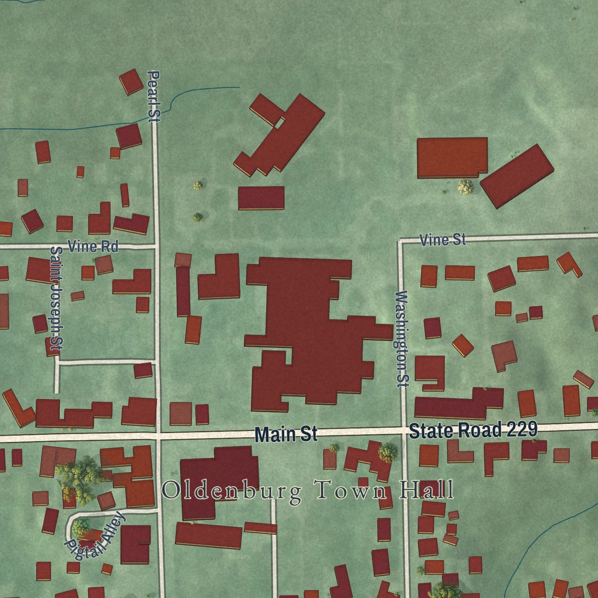 Close-up of the map of Oldenburg, Indiana print showing street and building detail