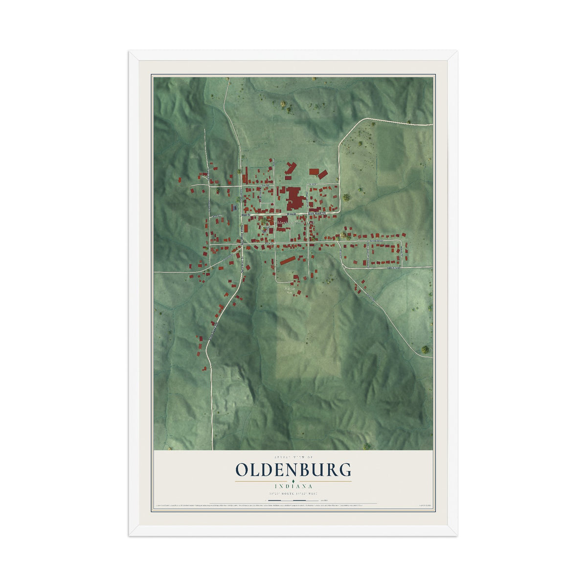 Map of Oldenburg, Indiana, 12 x 18 inch print in a white wood frame