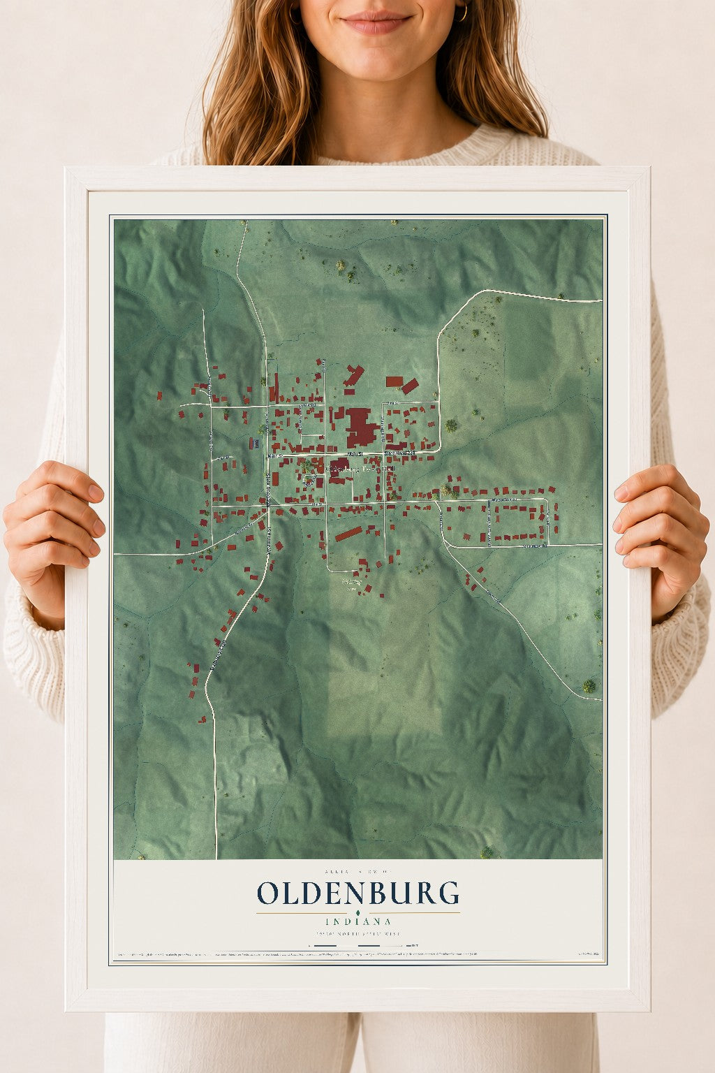 Map of Oldenburg, Indiana, 18 x 24 inch print in a white wood frame