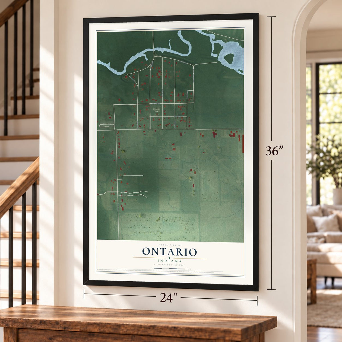 Ontario, Indiana map, 24 x 36 inch print in a black frame by a staircase