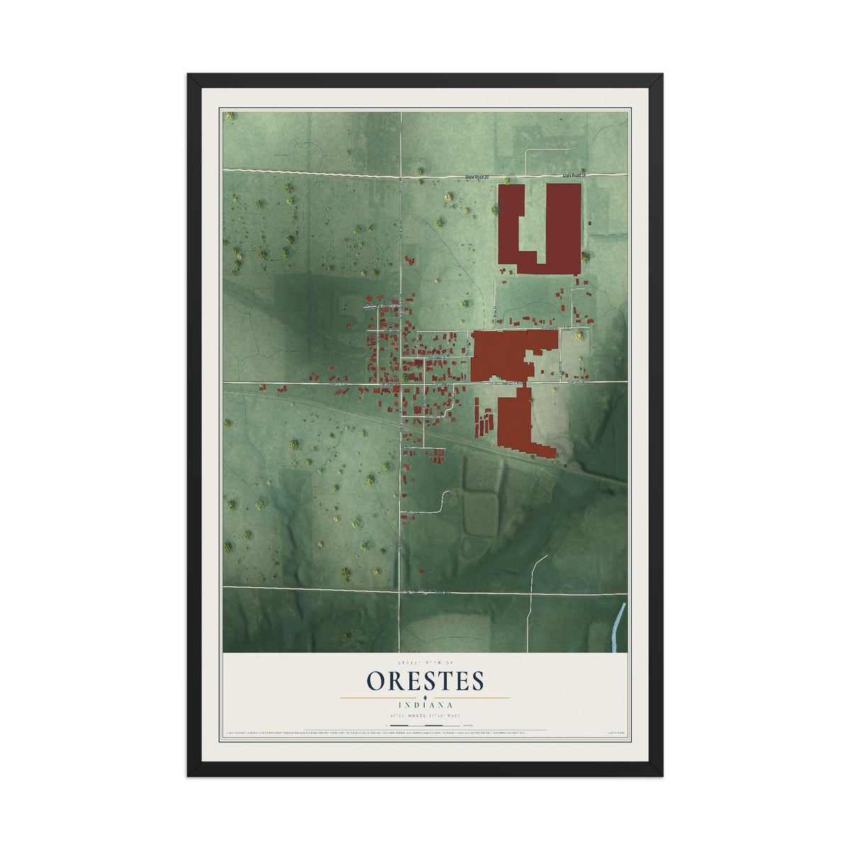 Map of Orestes, Indiana, 12 x 18 inch print in a black wood frame