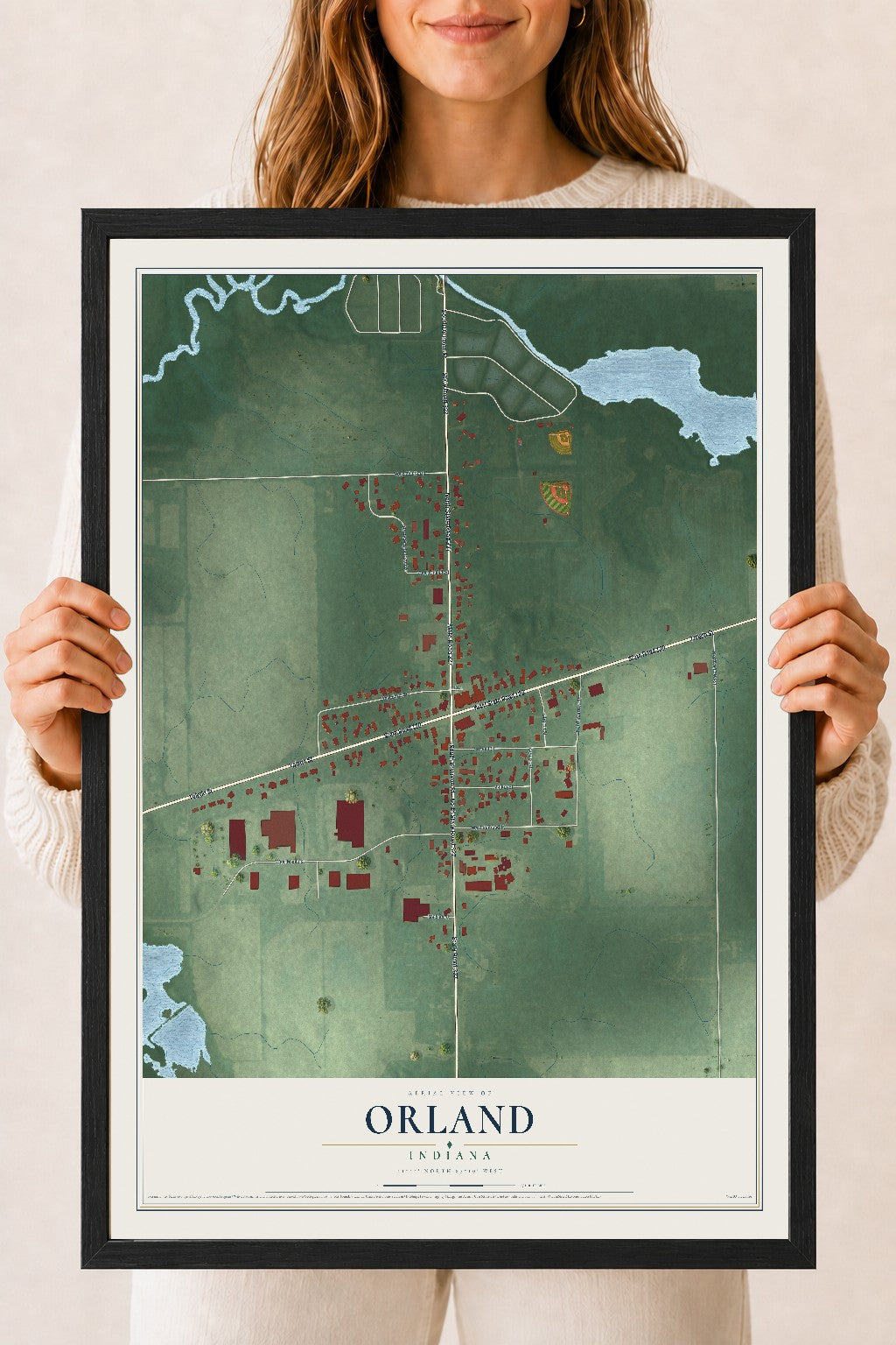 Map of Orland, Indiana, 18 x 24 inch print in a black wood frame