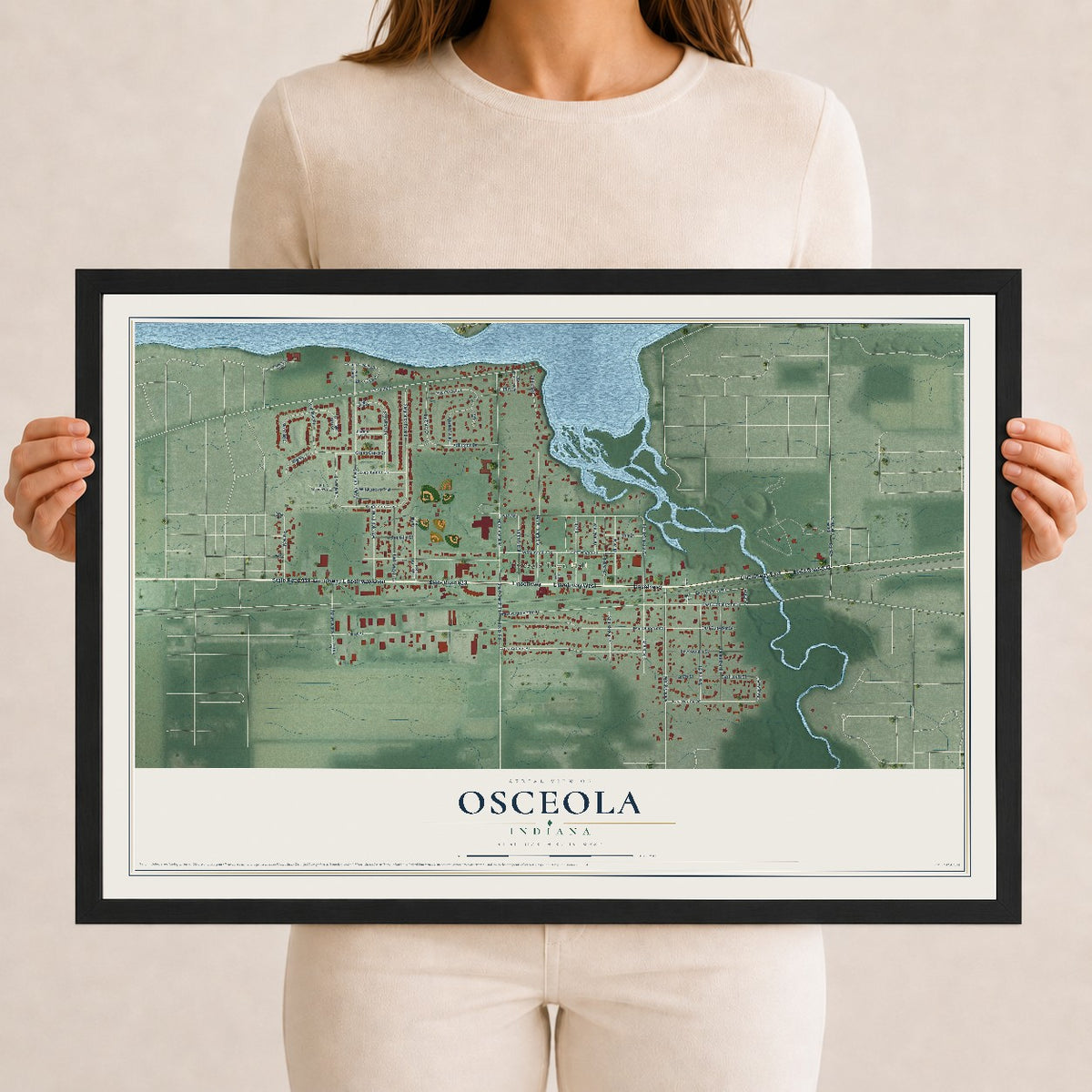 Map of Osceola, Indiana, 12 x 18 inch print in a black wood frame