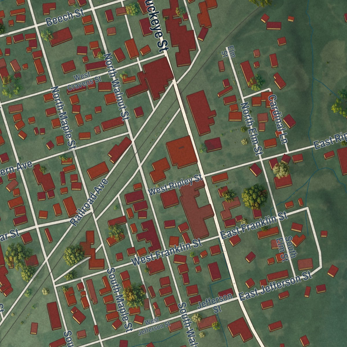 Close-up of the map of Osgood, Indiana print showing street and building detail