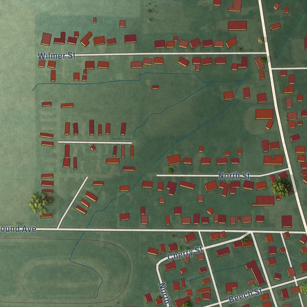 Second close-up of the map of Osgood, Indiana print showing more streets and buildings