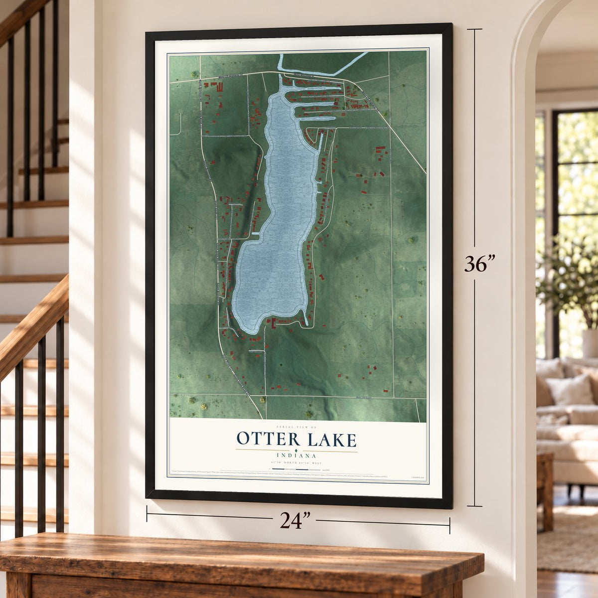 Otter Lake, Indiana map, 24 x 36 inch print in a black frame by a staircase