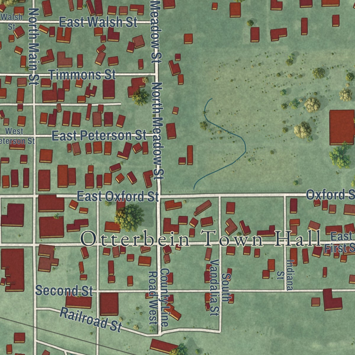 Close-up of the map of Otterbein, Indiana print showing street and building detail