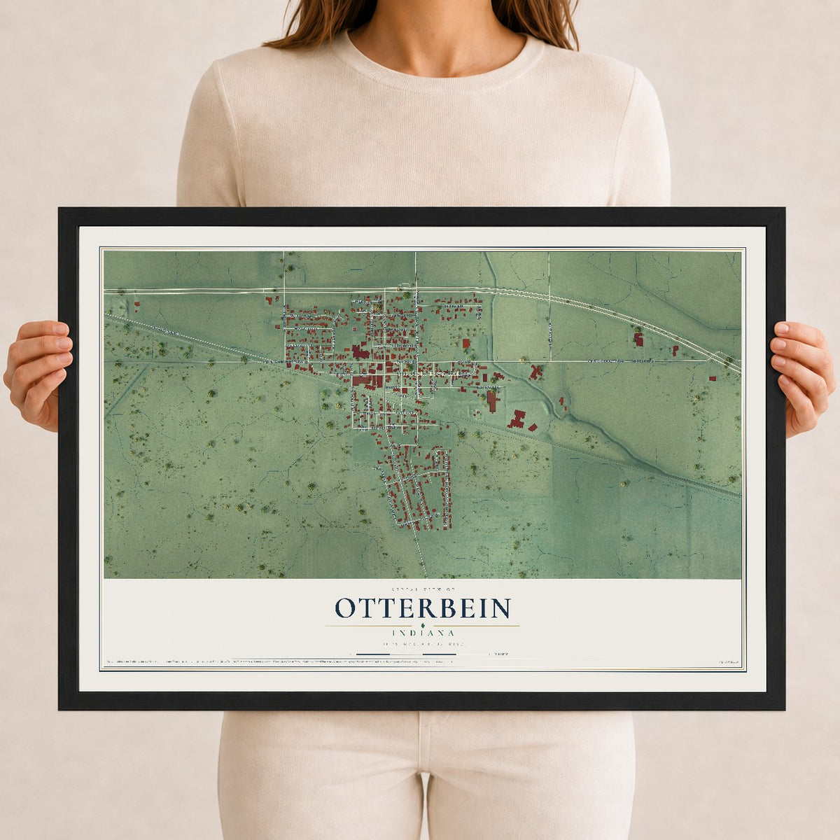 Map of Otterbein, Indiana, 12 x 18 inch print in a black wood frame