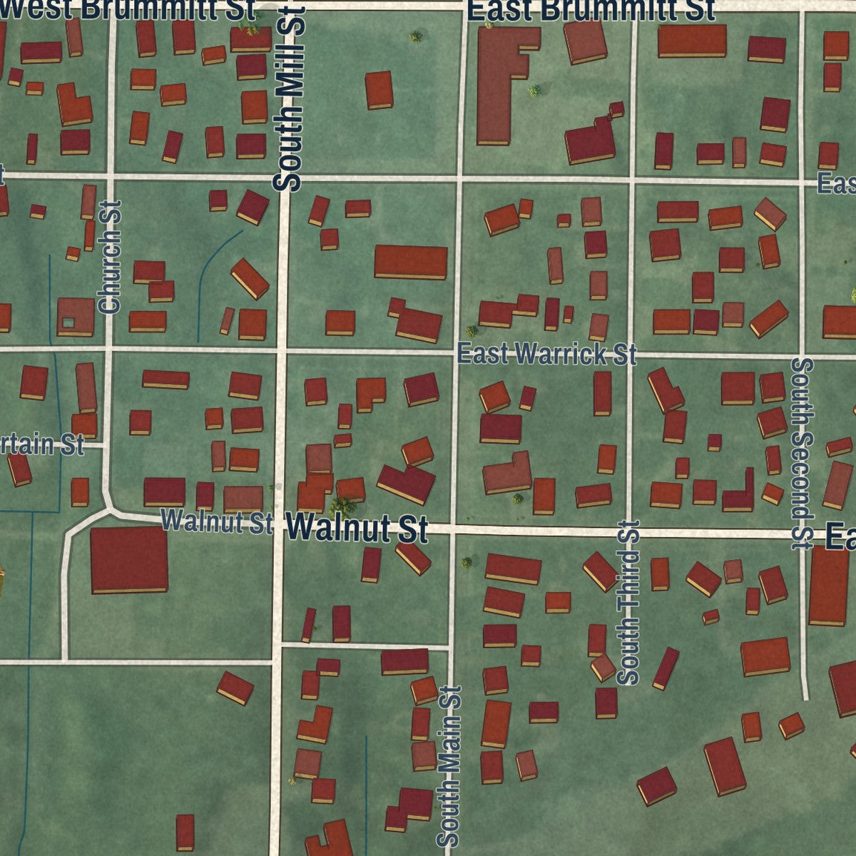 Close-up of the map of Owensville, Indiana print showing street and building detail