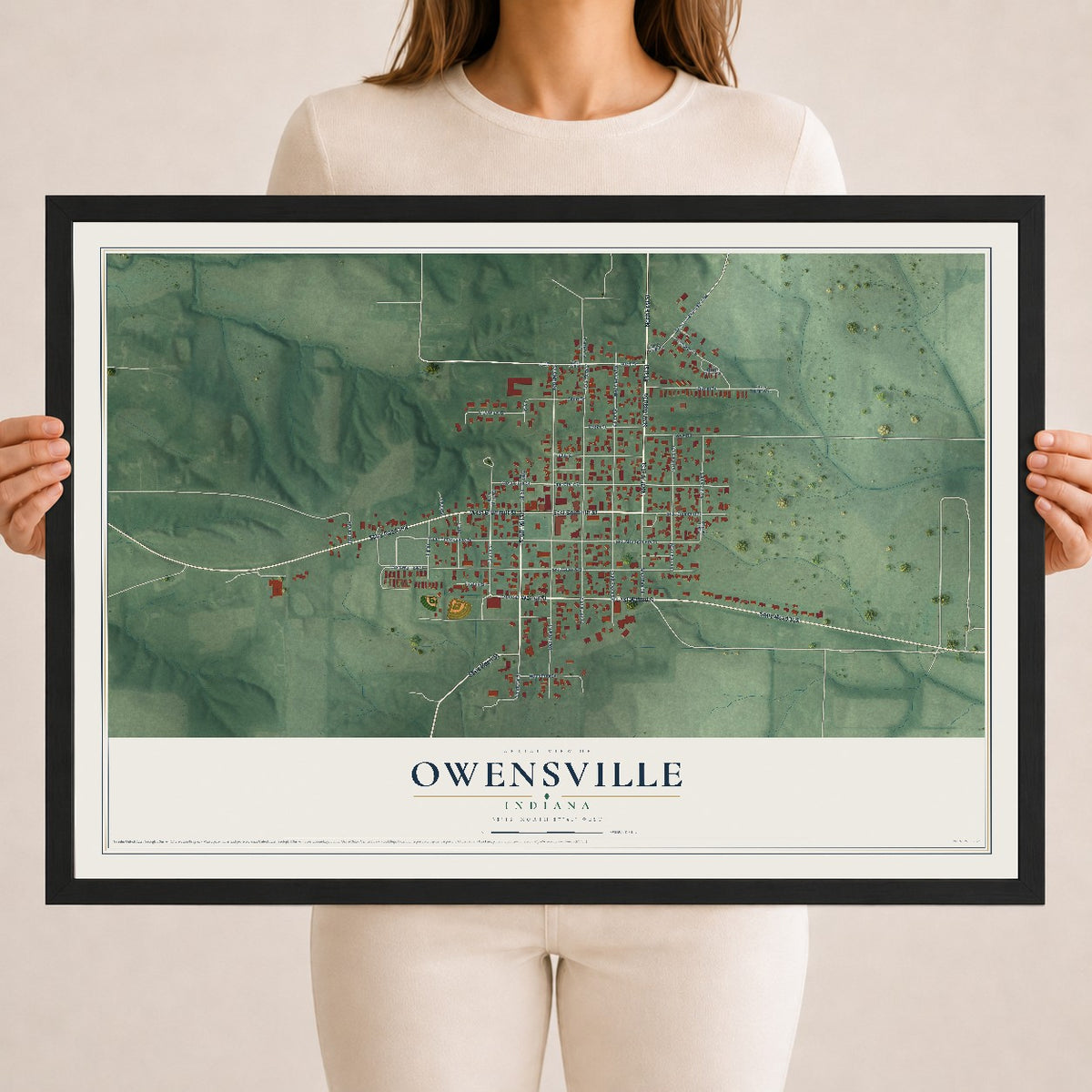 Map of Owensville, Indiana, 18 x 24 inch print in a black wood frame
