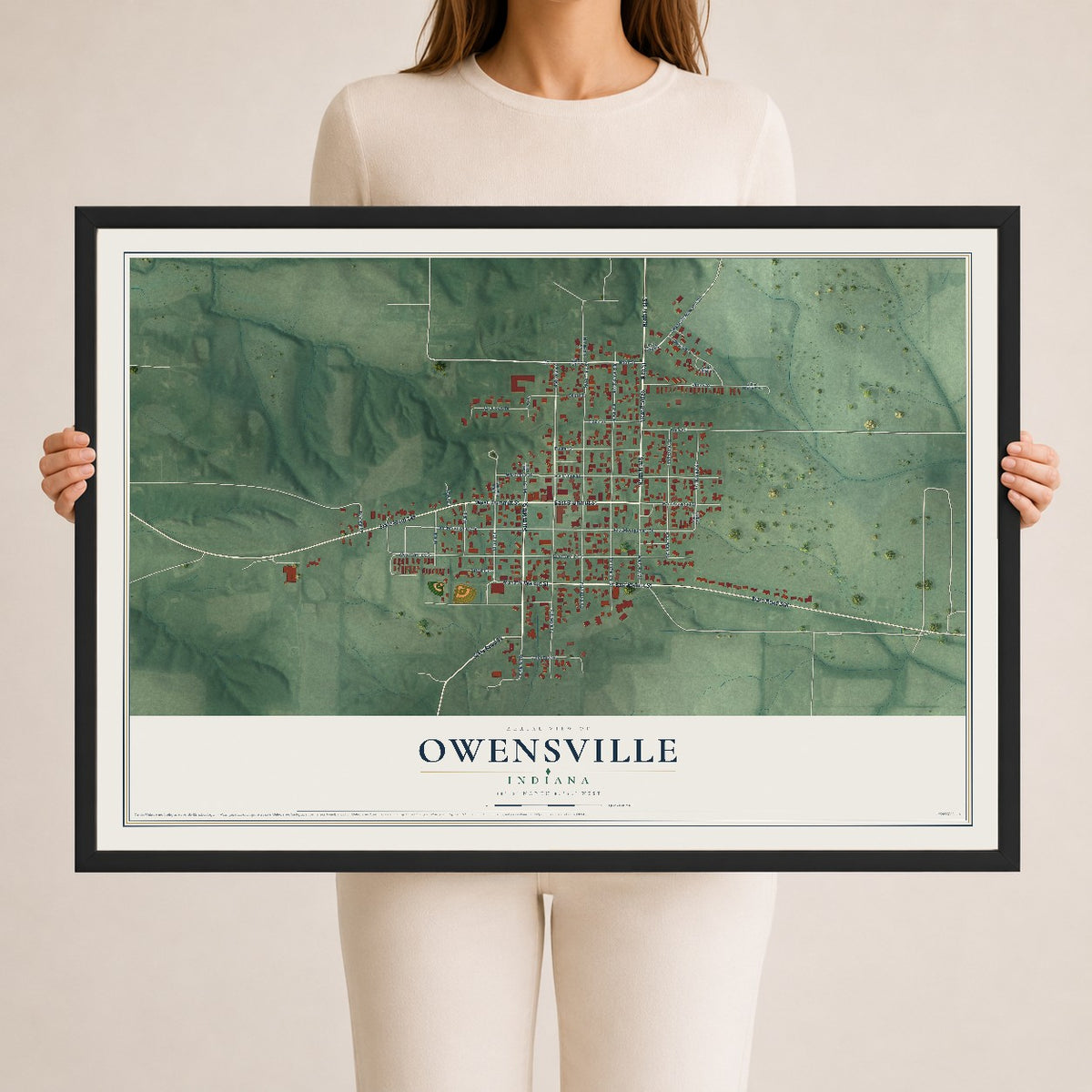 Map of Owensville, Indiana, 24 x 36 inch print in a black wood frame