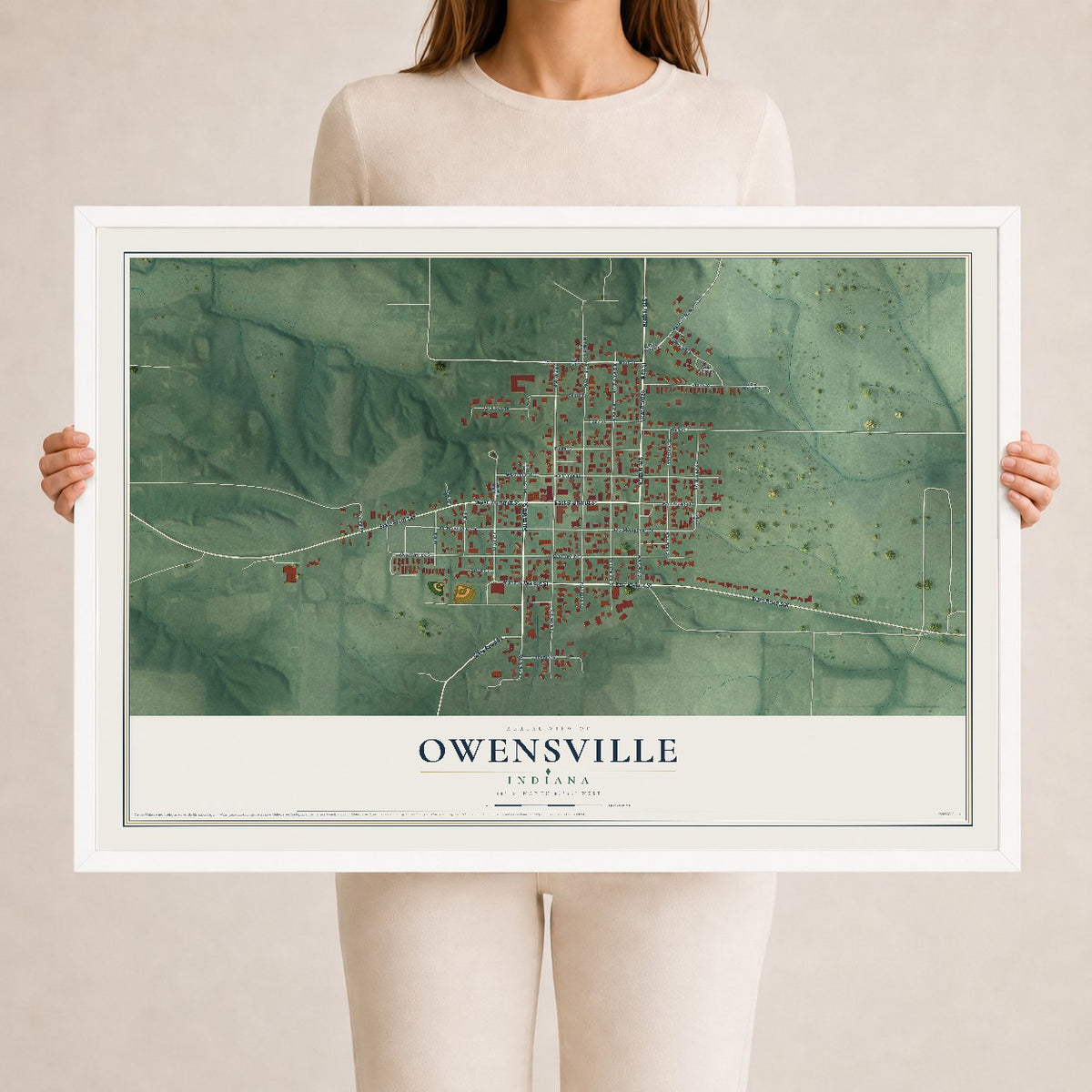 Map of Owensville, Indiana, 24 x 36 inch print in a white wood frame