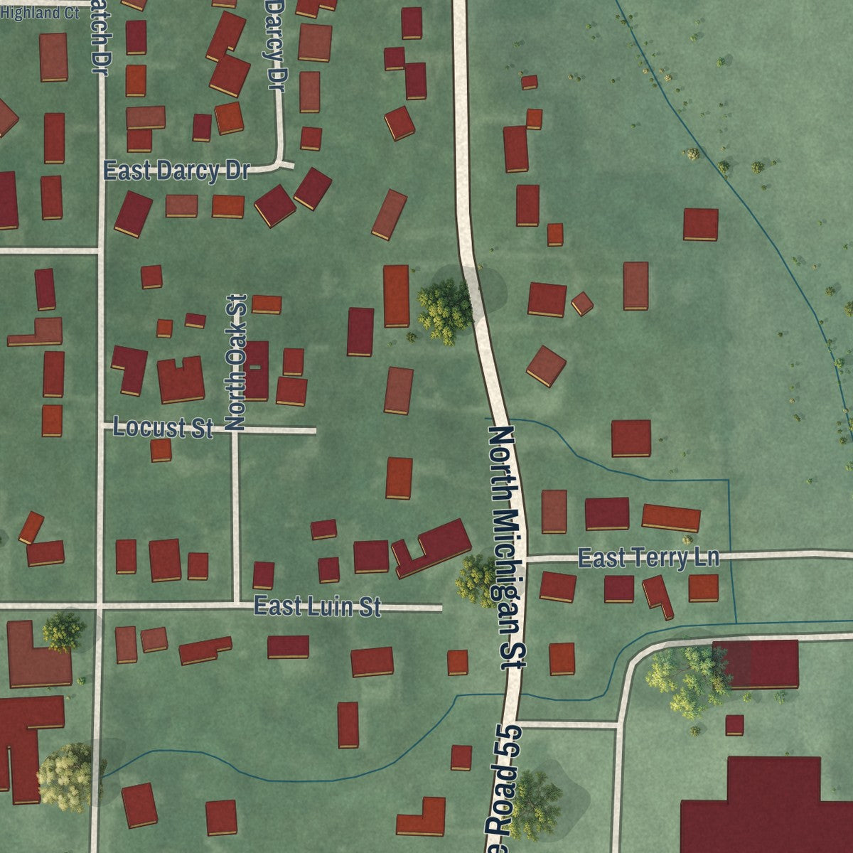 Second close-up of the map of Oxford, Indiana print showing more streets and buildings
