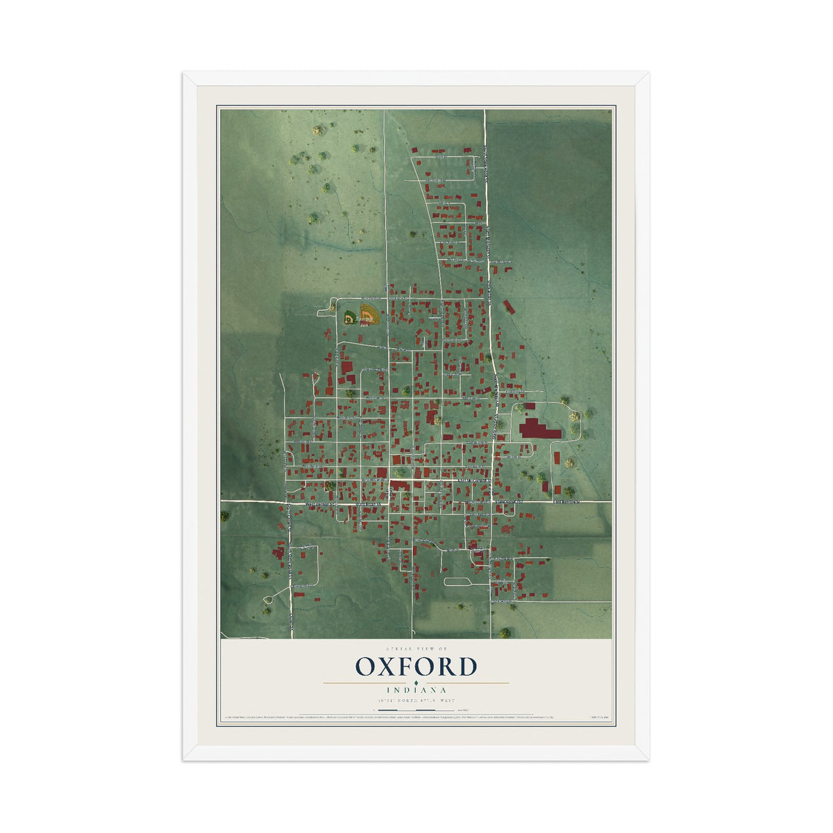 Map of Oxford, Indiana, 12 x 18 inch print in a white wood frame