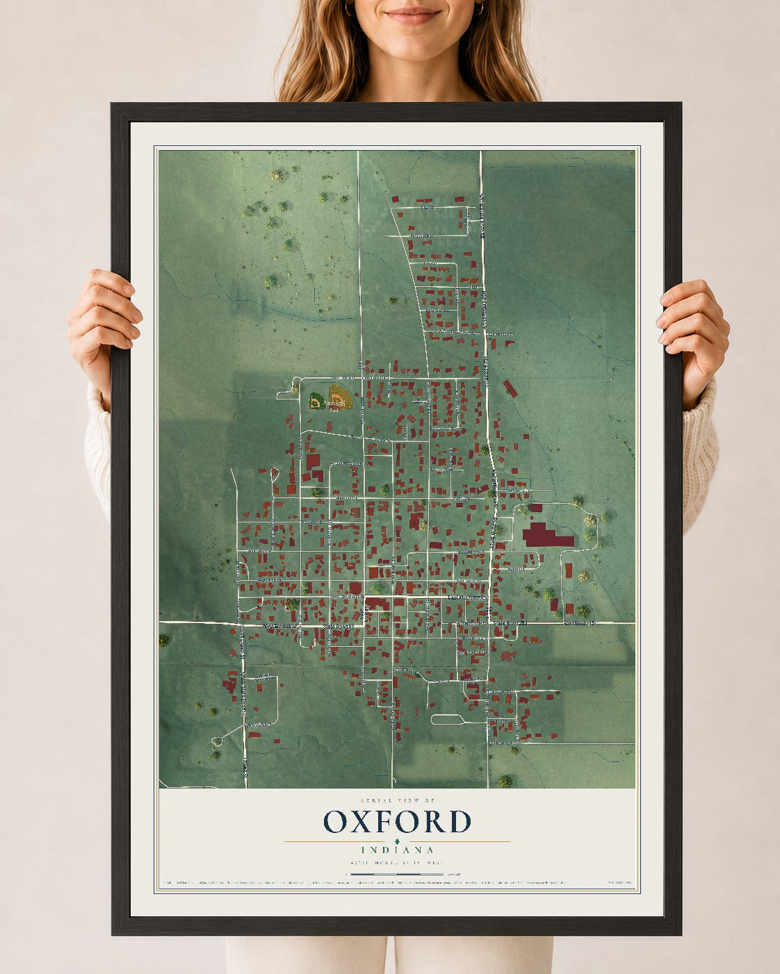 Map of Oxford, Indiana, 24 x 36 inch print in a black wood frame