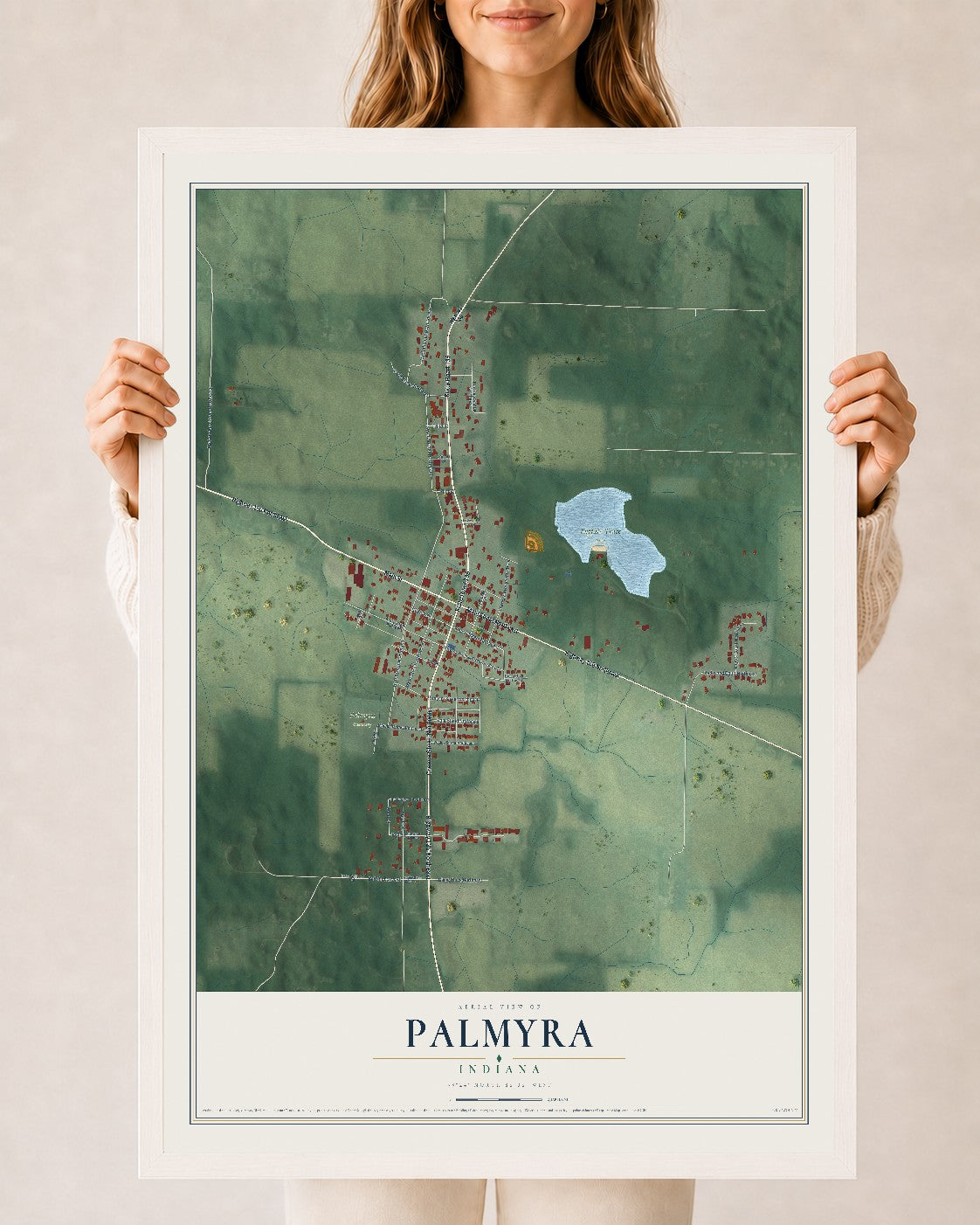 Map of Palmyra, Indiana, 24 x 36 inch print in a white wood frame