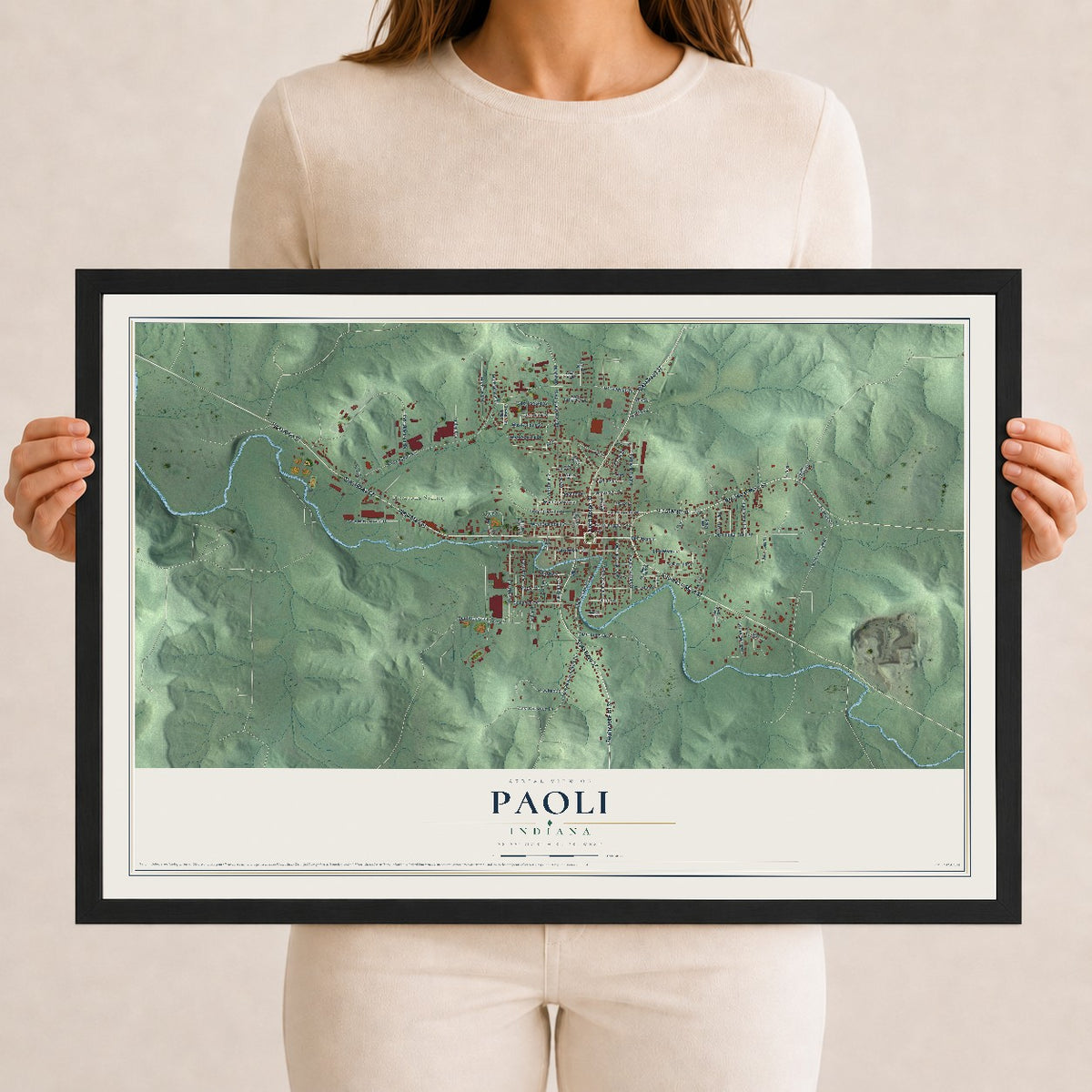 Map of Paoli, Indiana, 12 x 18 inch print in a black wood frame