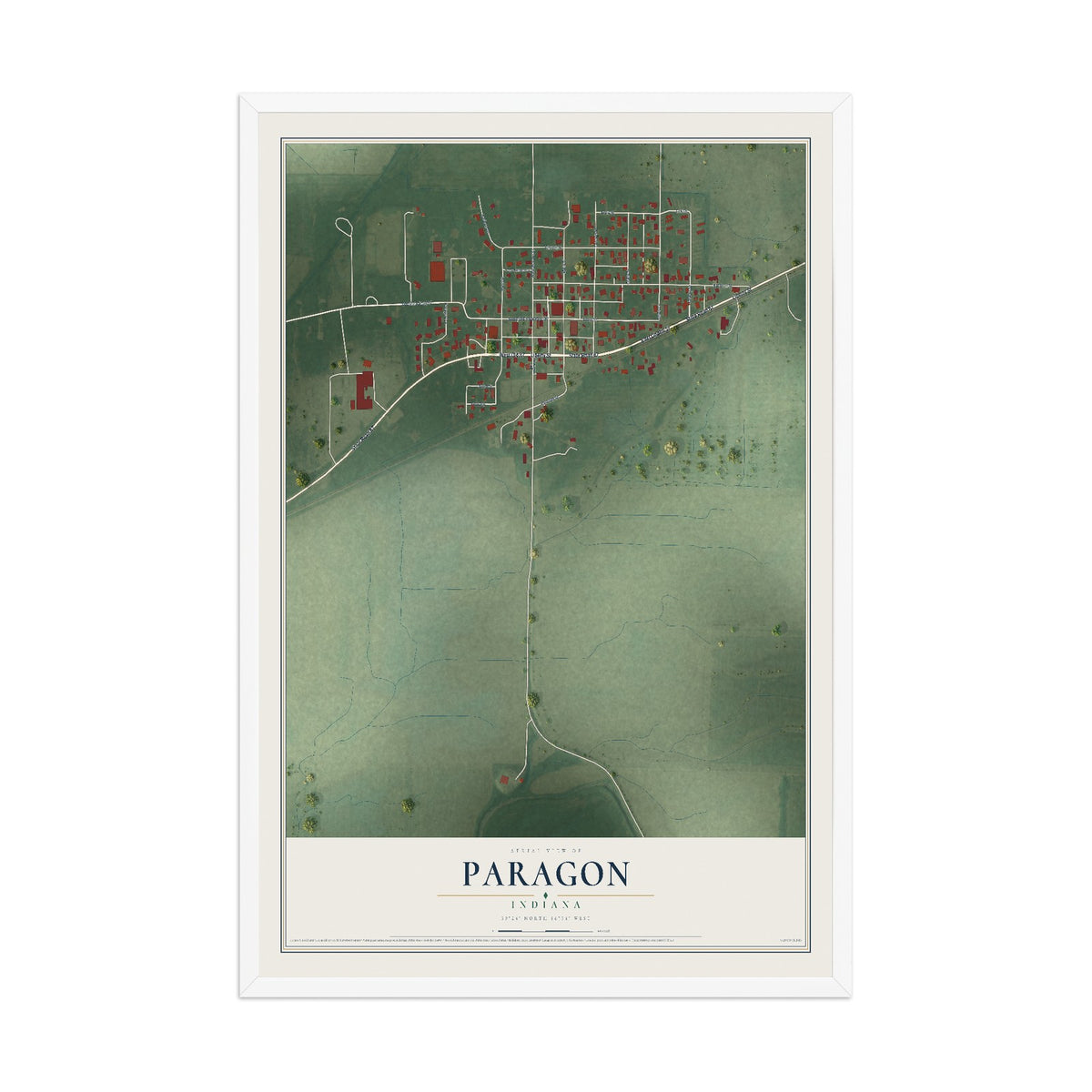 Map of Paragon, Indiana, 12 x 18 inch print in a white wood frame