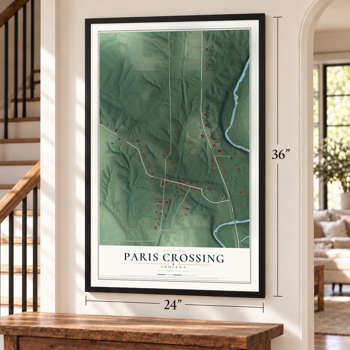 Paris Crossing, Indiana map, 24 x 36 inch print in a black frame by a staircase