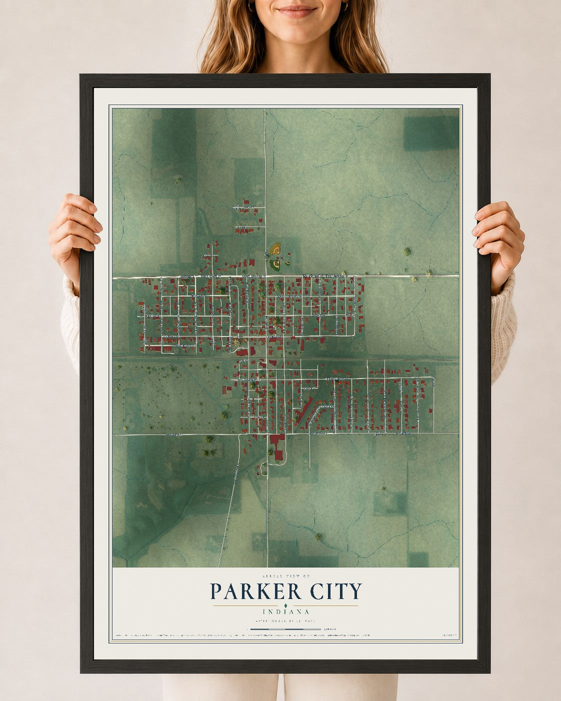 Map of Parker City, Indiana, 24 x 36 inch print in a black wood frame