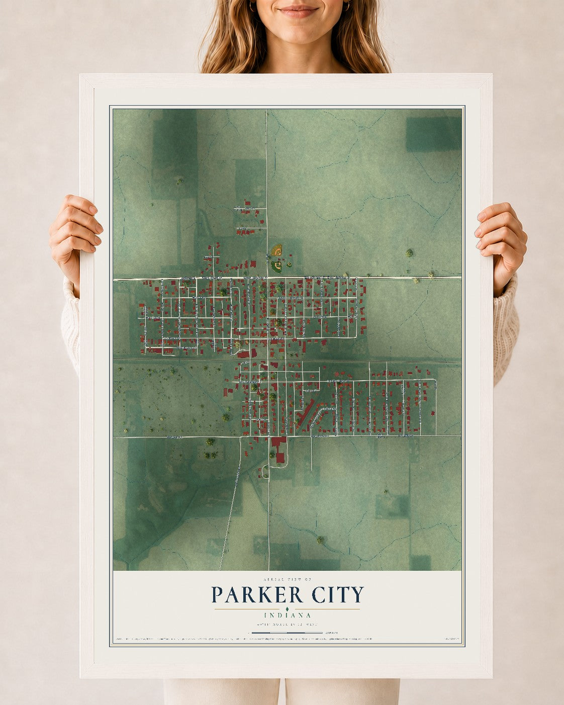 Map of Parker City, Indiana, 24 x 36 inch print in a white wood frame