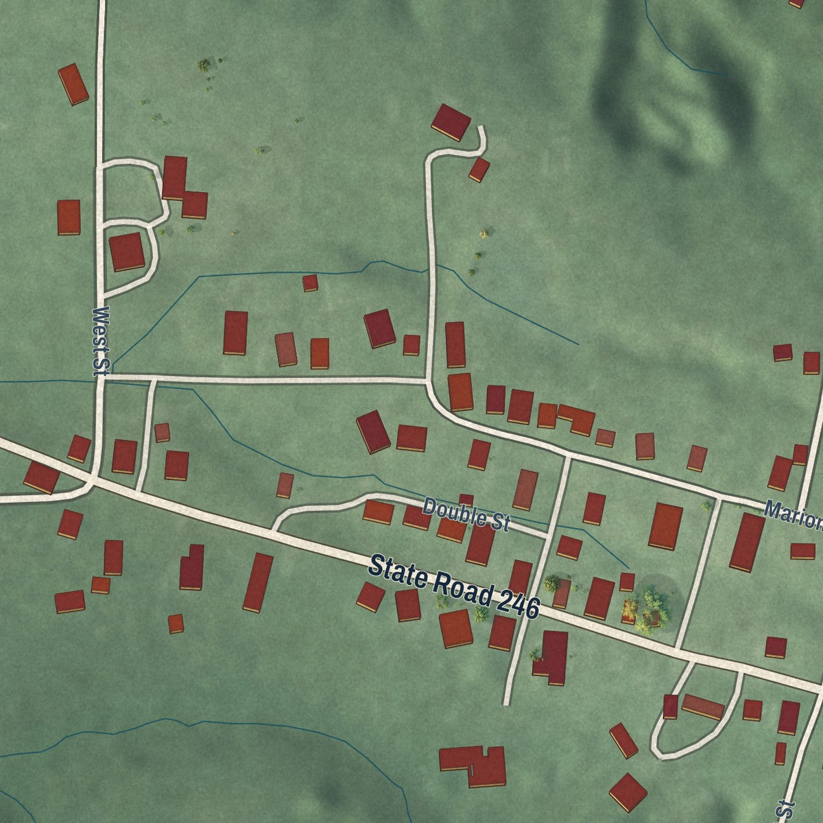 Close-up of the map of Patricksburg, Indiana print showing street and building detail