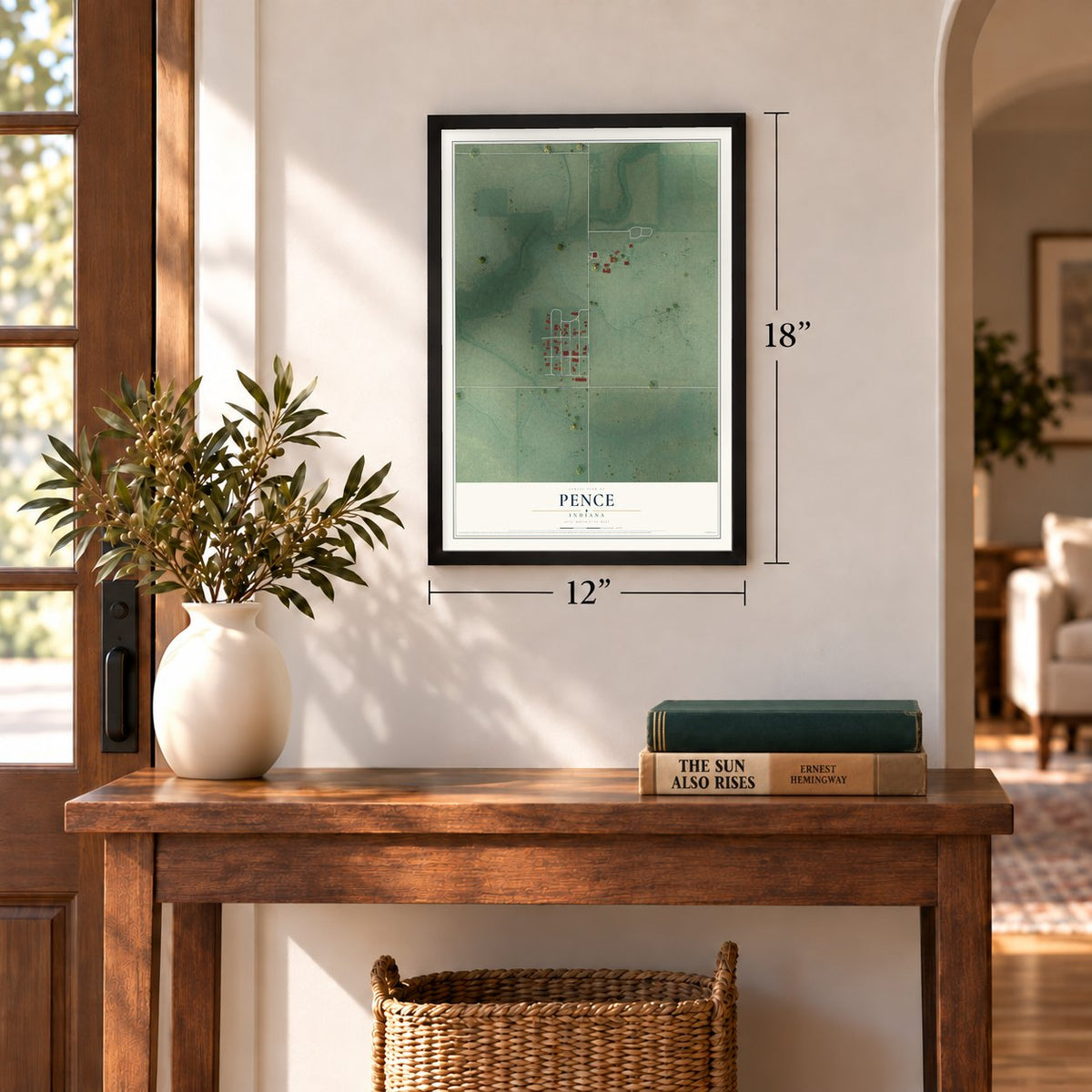 Pence, Indiana map, 12 x 18 inch print in a black frame in an entryway