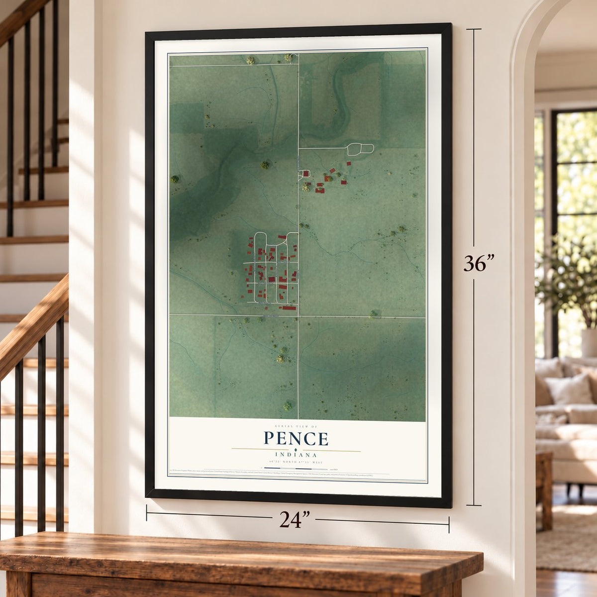 Pence, Indiana map, 24 x 36 inch print in a black frame by a staircase