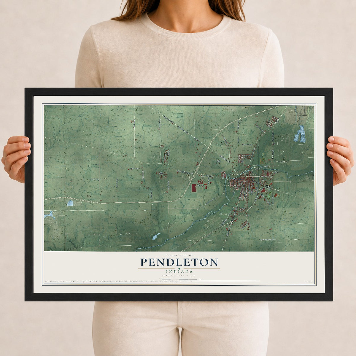Map of Pendleton, Indiana, 12 x 18 inch print in a black wood frame