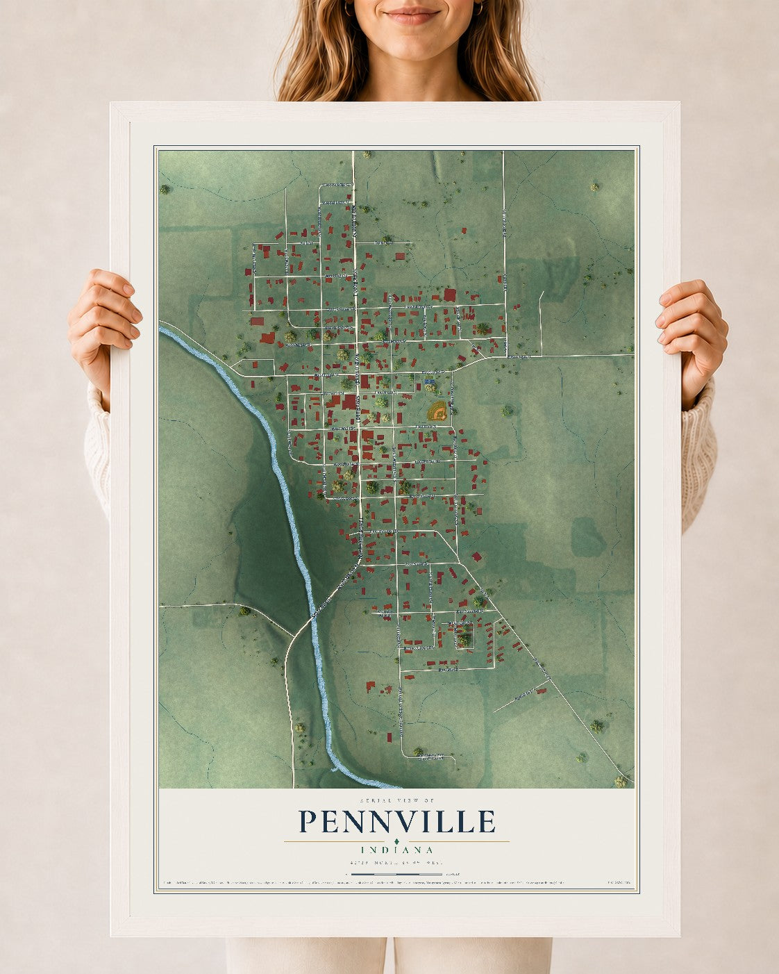 Map of Pennville, Indiana, 24 x 36 inch print in a white wood frame