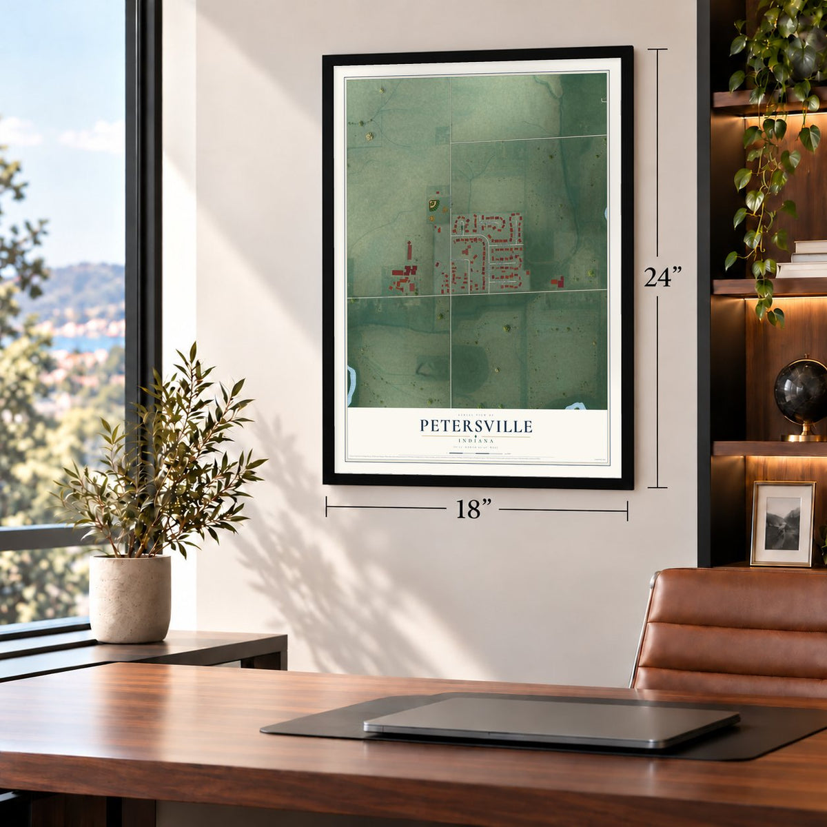 Petersville, Indiana map, 18 x 24 inch print in a black frame in a home office