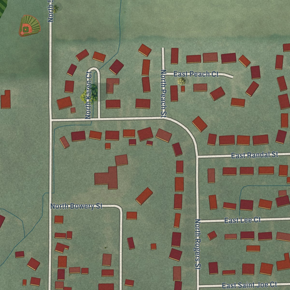 Close-up of the map of Petersville, Indiana print showing street and building detail
